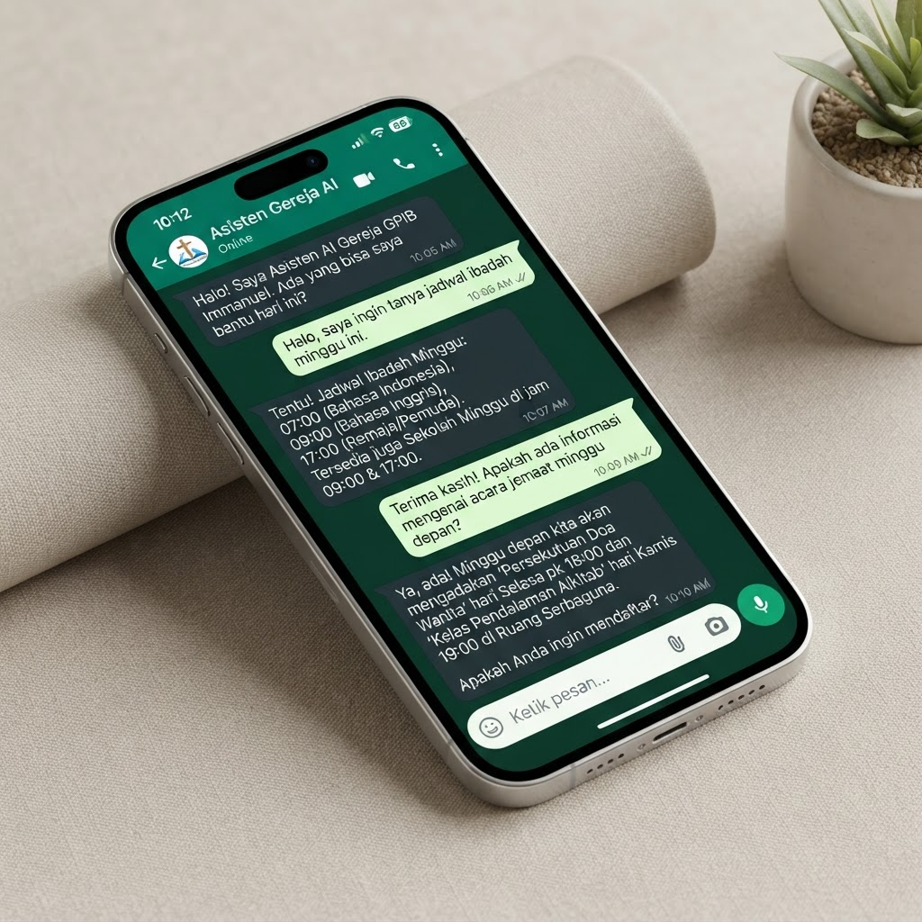 Percakapan WhatsApp antara jemaat dan bot AI gereja